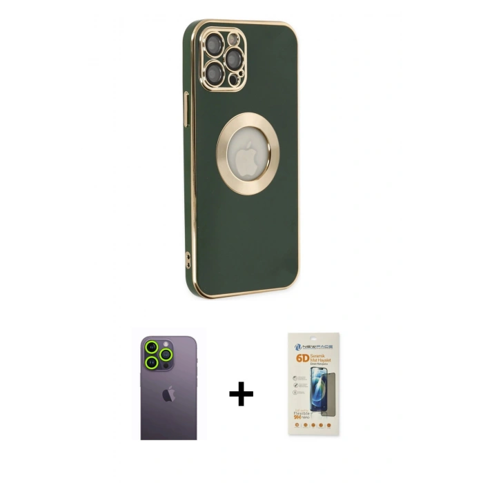 MARSİLYAN™- iPhone 12 Pro Max Kılıf İz Form Serisi - Siyah 6D Mat Seramik Hayalet Nano Ekran Koruyucu + Neon Fosforlu Kamera Lens - YL