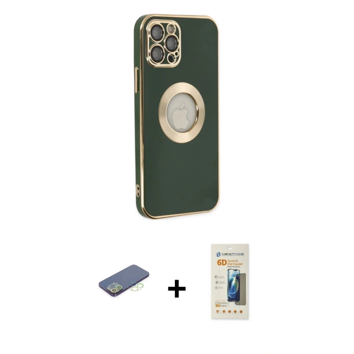 MARSİLYAN™- iPhone 12 Pro Max Kılıf İz Form Serisi - Siyah 6D Mat Seramik Hayalet Nano Ekran Koruyucu + Yeşil Renkli Kamera Lens Koruma Cam