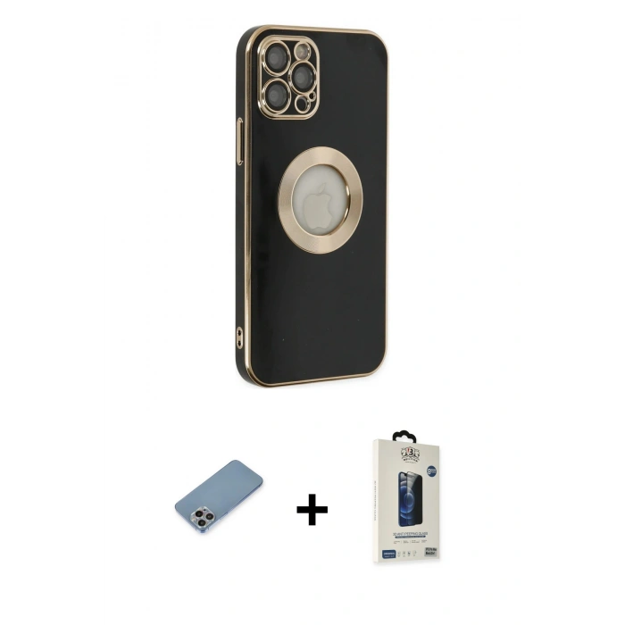MARSİLYAN™- iPhone 12 Pro Max Kılıf İz Form Serisi - Siyah Bilvis Hayalet Cam Ekran Koruyucu + Shine Kamera Lens Koruma Cam - GI