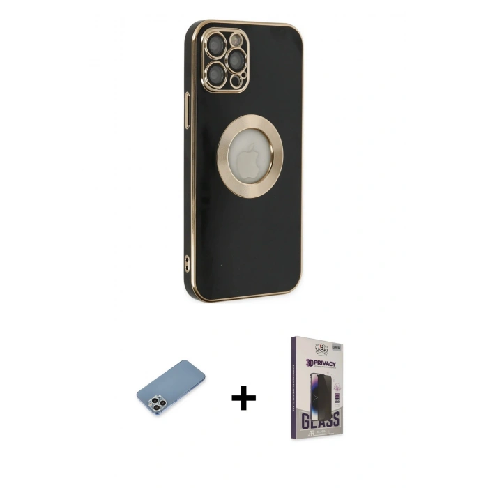MARSİLYAN™- iPhone 12 Pro Max Kılıf İz Form Serisi - Siyah Bilvis Hayalet Cam Ekran Koruyucu + Shine Kamera Lens Koruma Cam - GS