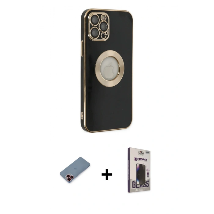 MARSİLYAN™- iPhone 12 Pro Max Kılıf İz Form Serisi - Siyah Bilvis Hayalet Cam Ekran Koruyucu + Metal Kamera Lens Koruma Cam - KI