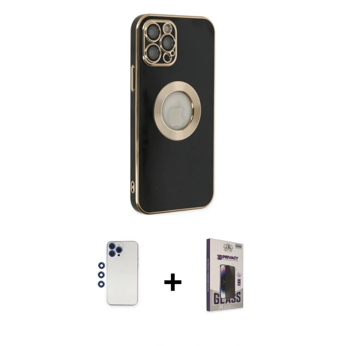 MARSİLYAN™- iPhone 12 Pro Max Kılıf İz Form Serisi - Siyah Bilvis Hayalet Cam Ekran Koruyucu + Shine Kamera Lens - LT