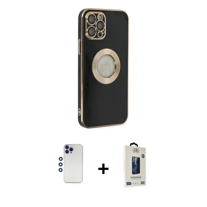 MARSİLYAN™- iPhone 12 Pro Max Kılıf İz Form Serisi - Siyah Bilvis Hayalet Cam Ekran Koruyucu + Shine Kamera Lens - LT