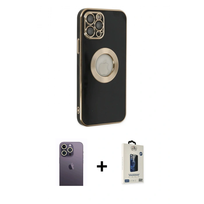 MARSİLYAN™- iPhone 12 Pro Max Kılıf İz Form Serisi - Siyah Bilvis Hayalet Cam Ekran Koruyucu + Neon Fosforlu Kamera Lens - BZ