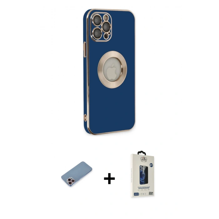 MARSİLYAN™- iPhone 12 Pro Max Kılıf İz Form Serisi - Siyah Bilvis Hayalet Cam Ekran Koruyucu + Shine Kamera Lens Koruma Cam - PE