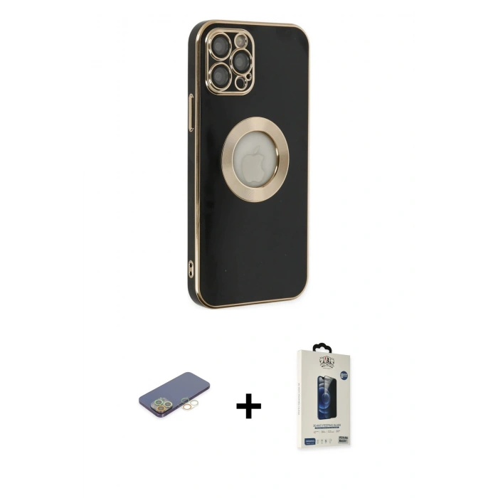 MARSİLYAN™- iPhone 12 Pro Max Kılıf İz Form Serisi - Siyah Bilvis Hayalet Cam Ekran Koruyucu + Renkli Kamera Lens Koruma Cam - SI