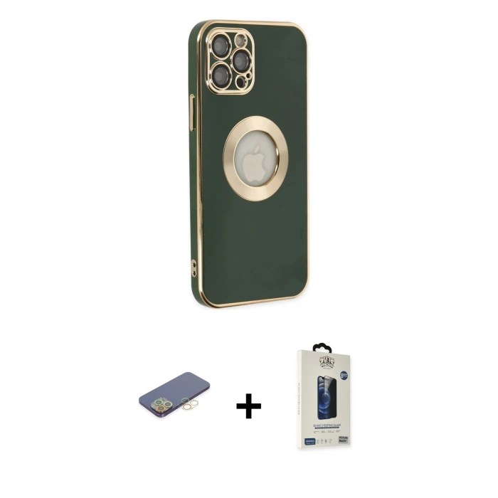 MARSİLYAN™- iPhone 12 Pro Max Kılıf İz Form Serisi - Siyah Bilvis Hayalet Cam Ekran Koruyucu + Renkli Kamera Lens Koruma Cam - SI