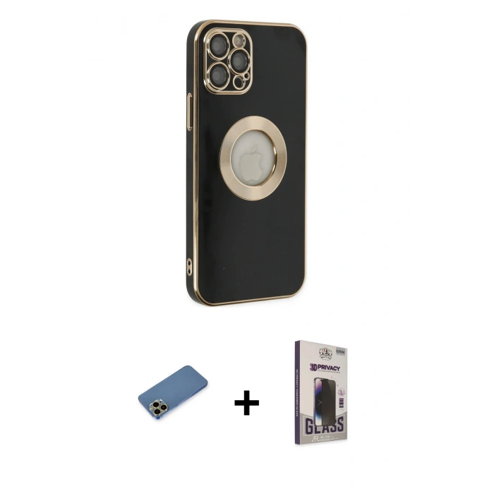 MARSİLYAN™- iPhone 12 Pro Max Kılıf İz Form Serisi - Siyah Bilvis Hayalet Cam Ekran Koruyucu + Shine Kamera Lens Koruma Cam - GD