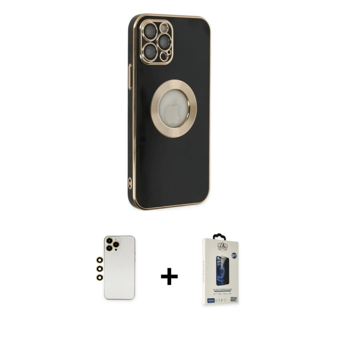 MARSİLYAN™- iPhone 12 Pro Max Kılıf İz Form Serisi - Siyah Bilvis Hayalet Cam Ekran Koruyucu + Shine Kamera Lens - GD