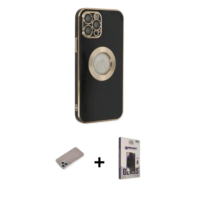MARSİLYAN™- iPhone 12 Pro Max Kılıf İz Form Serisi - Siyah Bilvis Hayalet Cam Ekran Koruyucu + Shine Kamera Lens Koruma Cam - SABE
