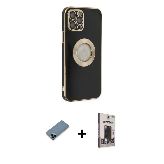 MARSİLYAN™- iPhone 12 Pro Max Kılıf İz Form Serisi - Siyah Bilvis Hayalet Cam Ekran Koruyucu + Shine Kamera Lens Koruma Cam - SH