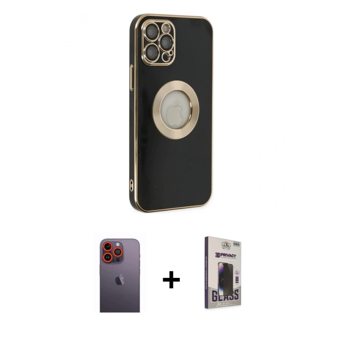MARSİLYAN™- iPhone 12 Pro Max Kılıf İz Form Serisi - Siyah Bilvis Hayalet Cam Ekran Koruyucu + Neon Fosforlu Kamera Lens - TU