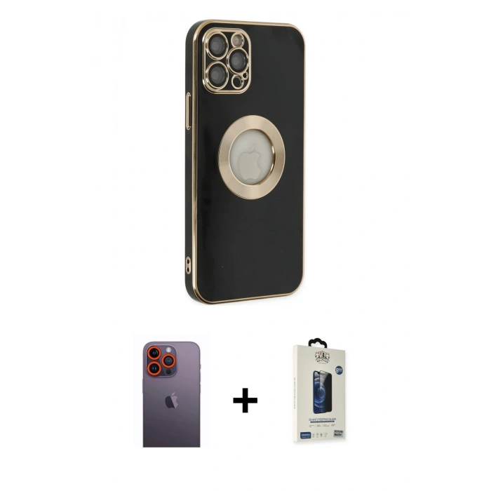 MARSİLYAN™- iPhone 12 Pro Max Kılıf İz Form Serisi - Siyah Bilvis Hayalet Cam Ekran Koruyucu + Neon Fosforlu Kamera Lens - TU