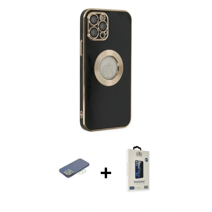 MARSİLYAN™- iPhone 12 Pro Max Kılıf İz Form Serisi - Siyah Bilvis Hayalet Cam Ekran Koruyucu + Renkli Kamera Lens Koruma Cam - YL