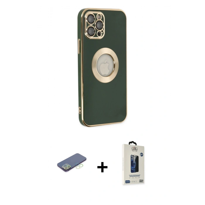 MARSİLYAN™- iPhone 12 Pro Max Kılıf İz Form Serisi - Siyah Bilvis Hayalet Cam Ekran Koruyucu + Renkli Kamera Lens Koruma Cam - YL