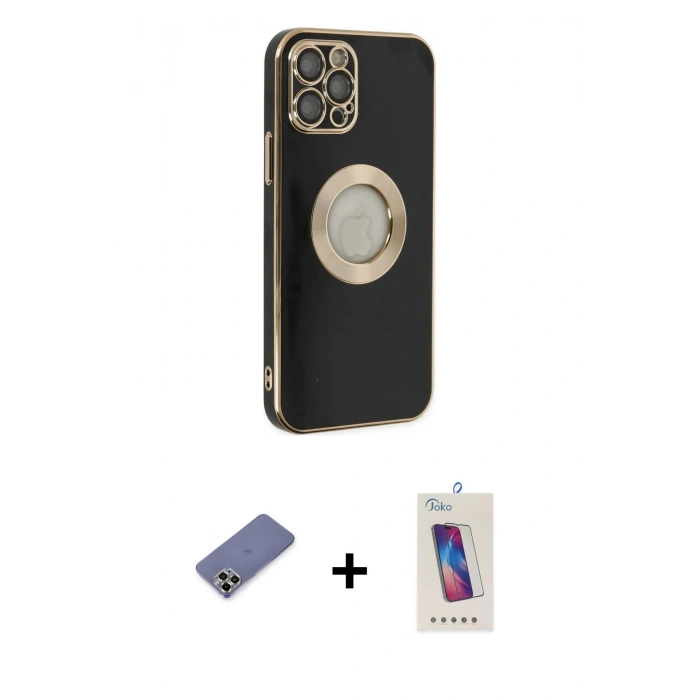 MARSİLYAN™- iPhone 12 Pro Max Kılıf İz Form Serisi - Siyah Joko 5D Cam + Metal Kamera Lens Koruma Cam - GD