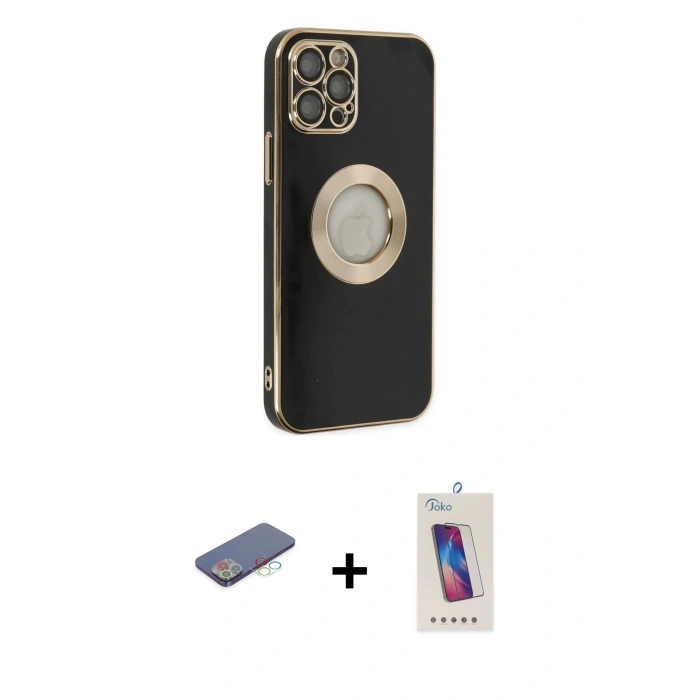 MARSİLYAN™- iPhone 12 Pro Max Kılıf İz Form Serisi - Siyah Joko 5D Cam + Mavi Renkli Kamera Lens Koruma Cam