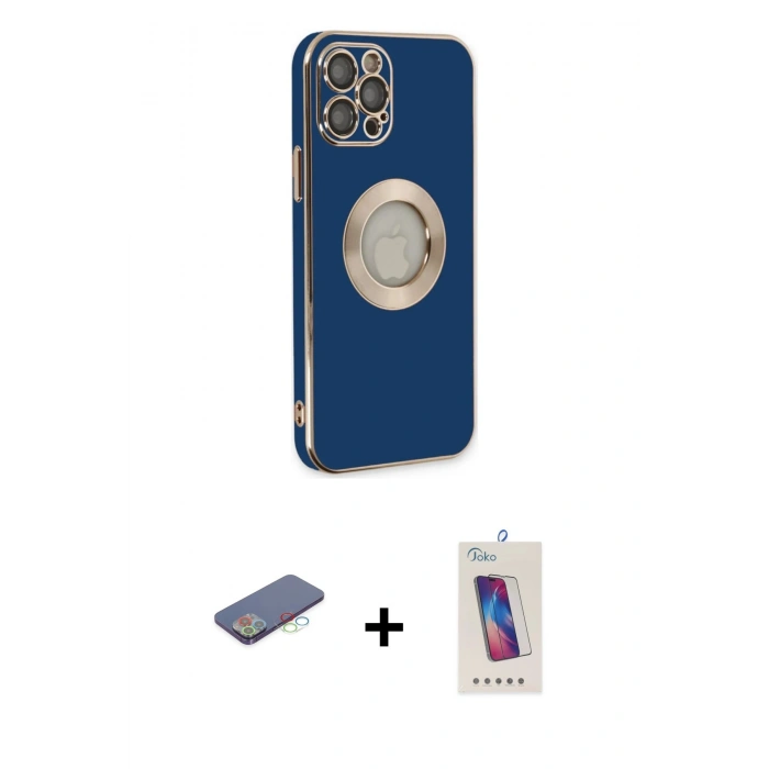 MARSİLYAN™- iPhone 12 Pro Max Kılıf İz Form Serisi - Siyah Joko 5D Cam + Mavi Renkli Kamera Lens Koruma Cam