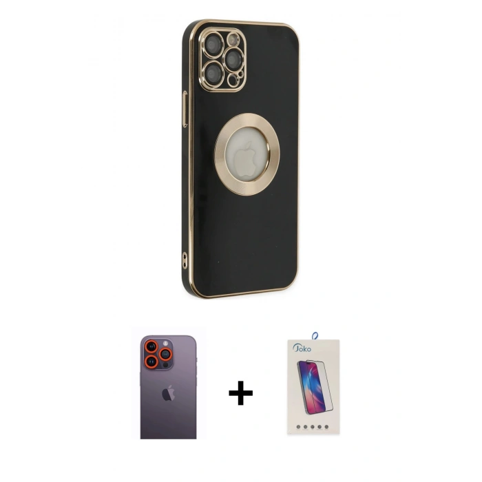 MARSİLYAN™- iPhone 12 Pro Max Kılıf İz Form Serisi - Siyah Joko 5D Cam + Neon Fosforlu Kamera Lens - TU