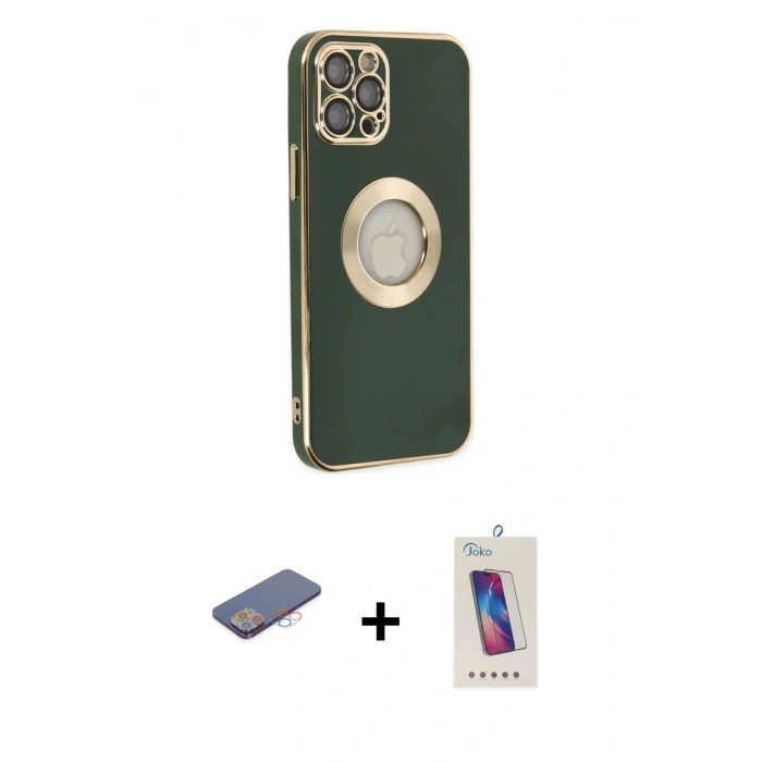 MARSİLYAN™- iPhone 12 Pro Max Kılıf İz Form Serisi - Siyah Joko 5D Cam + Pembe Renkli Kamera Lens Koruma Cam