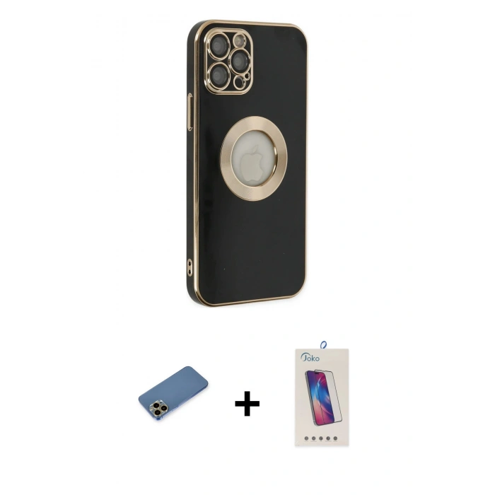 MARSİLYAN™- iPhone 12 Pro Max Kılıf İz Form Serisi - Siyah Joko 5D Cam + Shine Kamera Lens Koruma Cam - GD