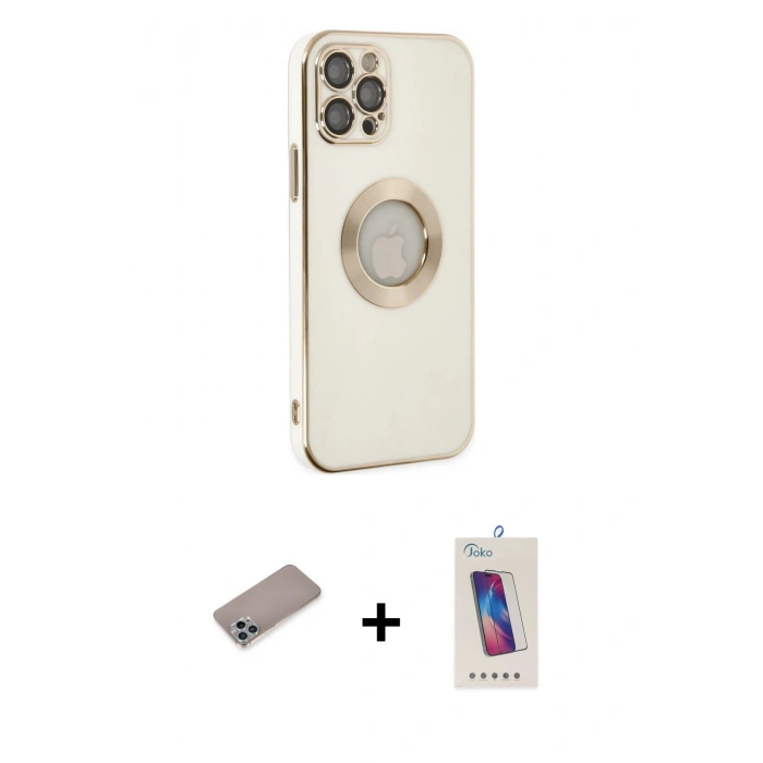 MARSİLYAN™- iPhone 12 Pro Max Kılıf İz Form Serisi - Siyah Joko 5D Cam + Sierra Blue Shine Kamera Lens Koruma Cam