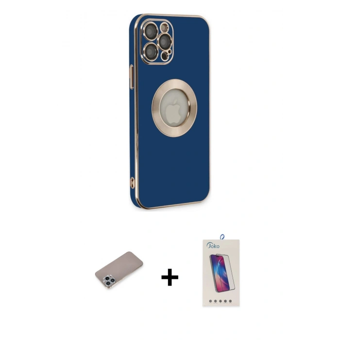 MARSİLYAN™- iPhone 12 Pro Max Kılıf İz Form Serisi - Siyah Joko 5D Cam + Sierra Blue Shine Kamera Lens Koruma Cam