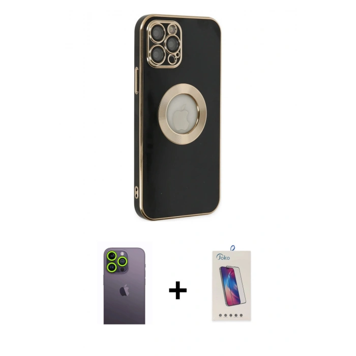 MARSİLYAN™- iPhone 12 Pro Max Kılıf İz Form Serisi - Siyah Joko 5D Cam + Neon Fosforlu Kamera Lens - YL