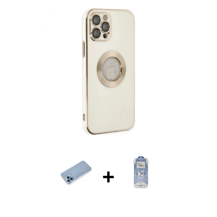 MARSİLYAN™- iPhone 12 Pro Max Kılıf İz Form Serisi - Siyah Joko Magic 5D Cam + Mavi Shine Kamera Lens Koruma Cam
