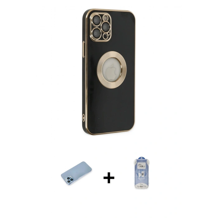 MARSİLYAN™- iPhone 12 Pro Max Kılıf İz Form Serisi - Siyah Joko Magic 5D Cam + Mavi Shine Kamera Lens Koruma Cam