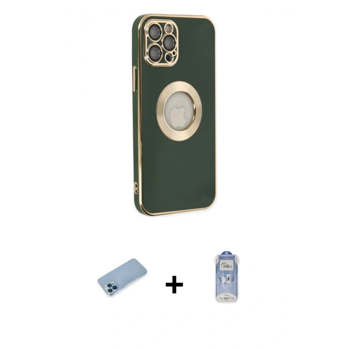 MARSİLYAN™- iPhone 12 Pro Max Kılıf İz Form Serisi - Siyah Joko Magic 5D Cam + Mavi Shine Kamera Lens Koruma Cam