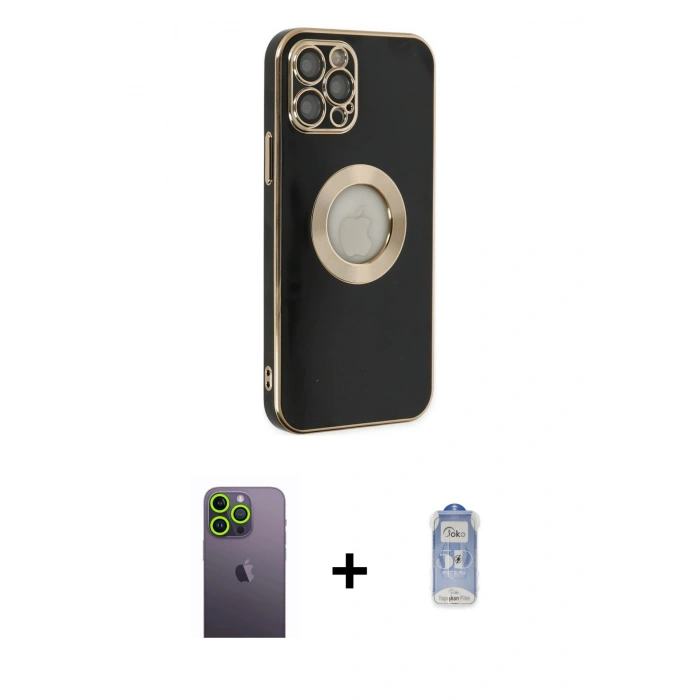 MARSİLYAN™- iPhone 12 Pro Max Kılıf İz Form Serisi - Siyah Joko Magic 5D Cam + Neon Fosforlu Kamera Lens - YL
