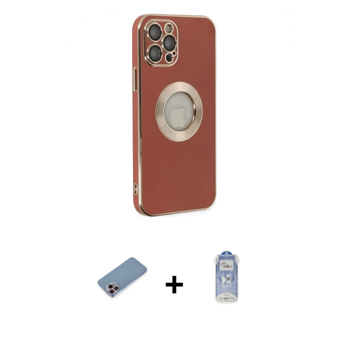 MARSİLYAN™- iPhone 12 Pro Max Kılıf İz Form Serisi - Siyah Joko Magic 5D Cam + Pembe Shine Kamera Lens Koruma Cam