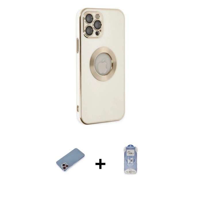 MARSİLYAN™- iPhone 12 Pro Max Kılıf İz Form Serisi - Siyah Joko Magic 5D Cam + Pembe Shine Kamera Lens Koruma Cam