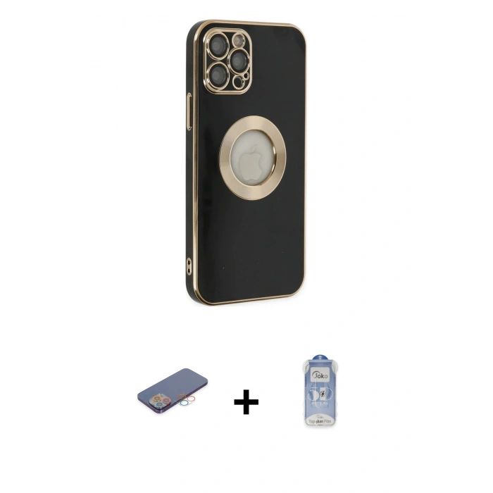 MARSİLYAN™- iPhone 12 Pro Max Kılıf İz Form Serisi - Siyah Joko Magic 5D Cam + Renkli Kamera Lens Koruma Cam - PE
