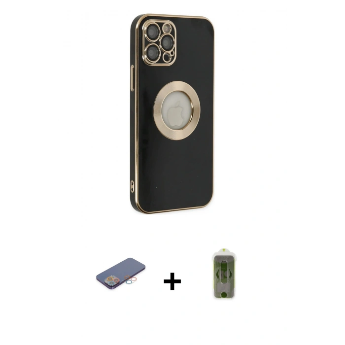 MARSİLYAN™- iPhone 12 Pro Max Kılıf İz Form Serisi - Siyah Joko Magic 5D Hayalet Cam + Pembe Renkli Kamera Lens Koruma Cam