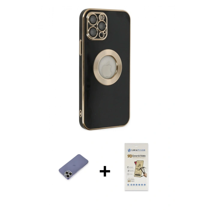 MARSİLYAN™- iPhone 12 Pro Max Kılıf İz Form Serisi - Siyah Mat Seramik Nano Ekran Koruyucu + Metal Kamera Lens Koruma Cam - GD