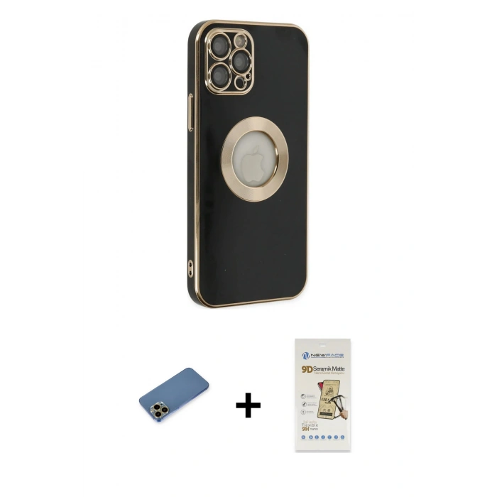 MARSİLYAN™- iPhone 12 Pro Max Kılıf İz Form Serisi - Siyah Mat Seramik Nano Ekran Koruyucu + Shine Kamera Lens Koruma Cam - GD