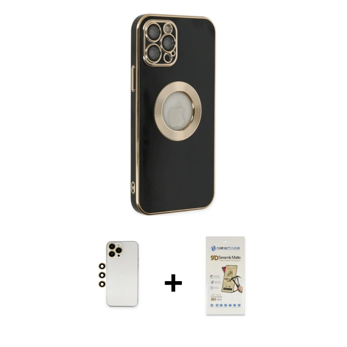 MARSİLYAN™- iPhone 12 Pro Max Kılıf İz Form Serisi - Siyah Mat Seramik Nano Ekran Koruyucu + Shine Kamera Lens - GD
