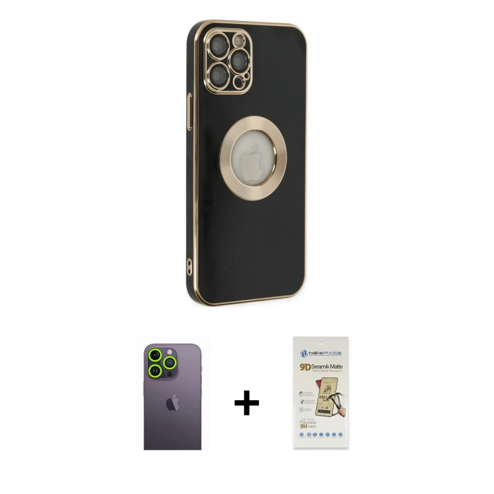 MARSİLYAN™- iPhone 12 Pro Max Kılıf İz Form Serisi - Siyah Mat Seramik Nano Ekran Koruyucu + Neon Fosforlu Kamera Lens - YL