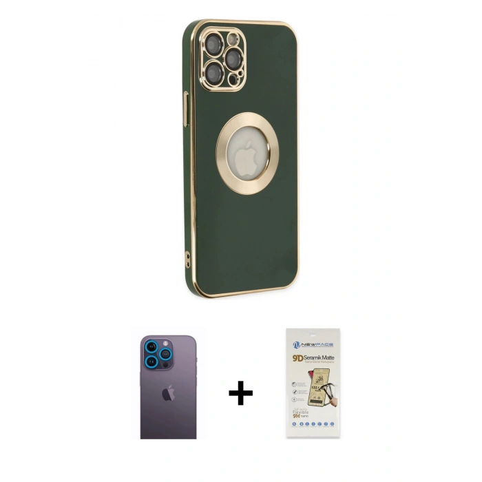 MARSİLYAN™- iPhone 12 Pro Max Kılıf İz Form Serisi - Siyah Mat Seramik Nano Ekran Koruyucu + Neon Fosforlu Kamera Lens - MI