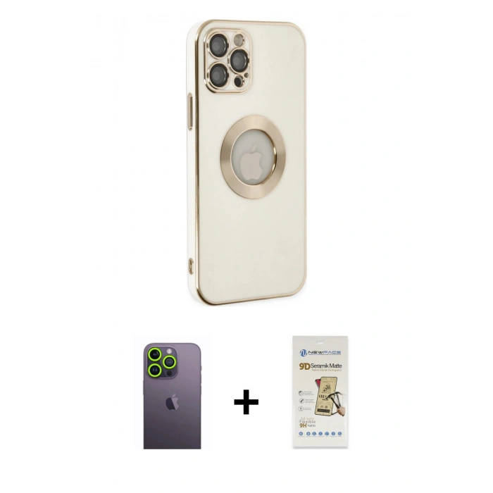MARSİLYAN™- iPhone 12 Pro Max Kılıf İz Form Serisi - Siyah Mat Seramik Nano Ekran Koruyucu + Neon Fosforlu Kamera Lens - YL