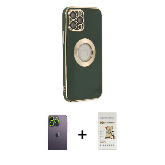 MARSİLYAN™- iPhone 12 Pro Max Kılıf İz Form Serisi - Siyah Mat Seramik Nano Ekran Koruyucu + Neon Fosforlu Kamera Lens - YL