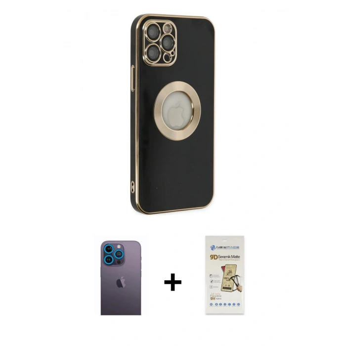 MARSİLYAN™- iPhone 12 Pro Max Kılıf İz Form Serisi - Siyah Mat Seramik Nano Ekran Koruyucu + Neon Fosforlu Kamera Lens - MI