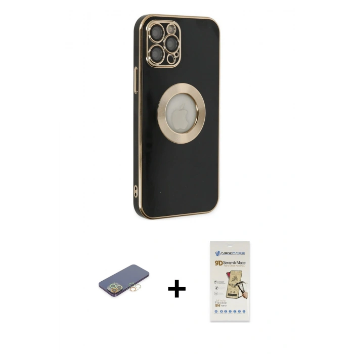 MARSİLYAN™- iPhone 12 Pro Max Kılıf İz Form Serisi - Siyah Mat Seramik Nano Ekran Koruyucu + Sarı Renkli Kamera Lens Koruma Cam