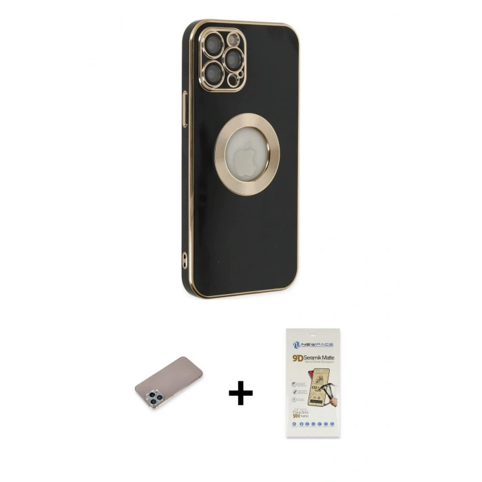 MARSİLYAN™- iPhone 12 Pro Max Kılıf İz Form Serisi - Siyah Mat Seramik Nano Ekran Koruyucu + Shine Kamera Lens Koruma Cam - SABE