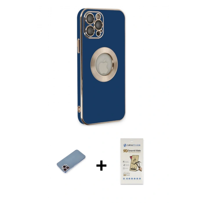 MARSİLYAN™- iPhone 12 Pro Max Kılıf İz Form Serisi - Siyah Mat Seramik Nano Ekran Koruyucu + Shine Kamera Lens Koruma Cam - PE