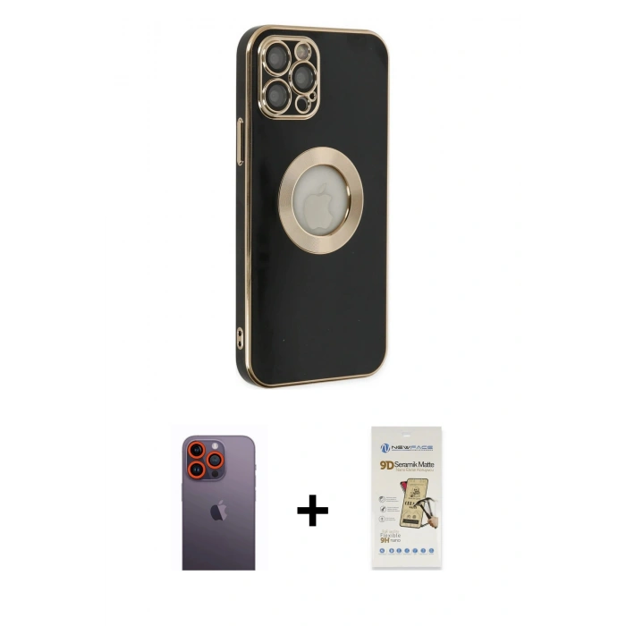 MARSİLYAN™- iPhone 12 Pro Max Kılıf İz Form Serisi - Siyah Mat Seramik Nano Ekran Koruyucu + Neon Fosforlu Kamera Lens - TU