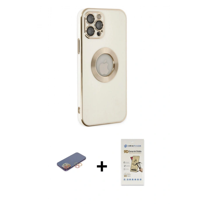 MARSİLYAN™- iPhone 12 Pro Max Kılıf İz Form Serisi - Siyah Mat Seramik Nano Ekran Koruyucu + Turuncu Renkli Kamera Lens Koruma Cam