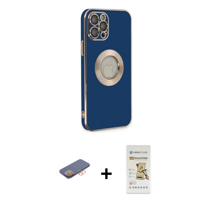 MARSİLYAN™- iPhone 12 Pro Max Kılıf İz Form Serisi - Siyah Mat Seramik Nano Ekran Koruyucu + Turuncu Renkli Kamera Lens Koruma Cam